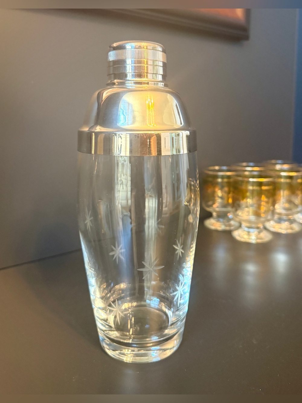 Vintage MCM Atomic Starburst Glass Cocktail Shaker Chrome ToneBarware W/ Tongs - Picture 2 of 10